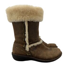 UGG Womens 9 Boots Elijo Brown Leather Cuff Lined Sheepskin Faux Fur Shearling